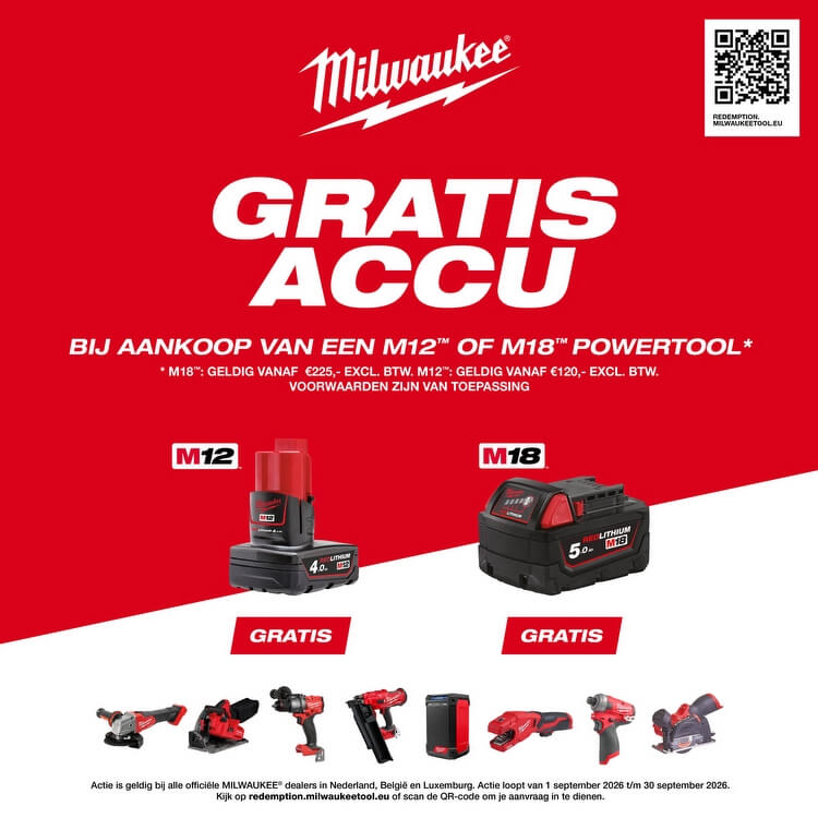 Gratis Milwaukee accu bij aankoop van een M12 of M18 powertool